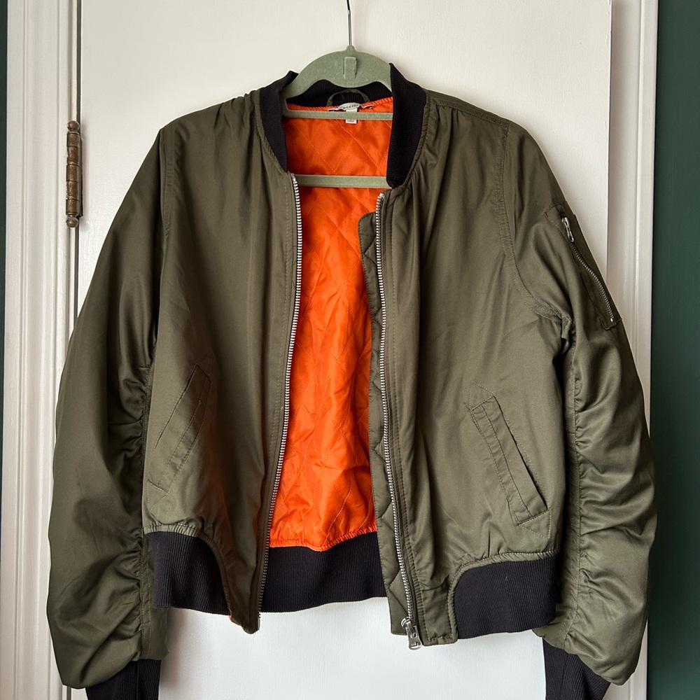 Olive Green Bomber Jacket with Orange Lining